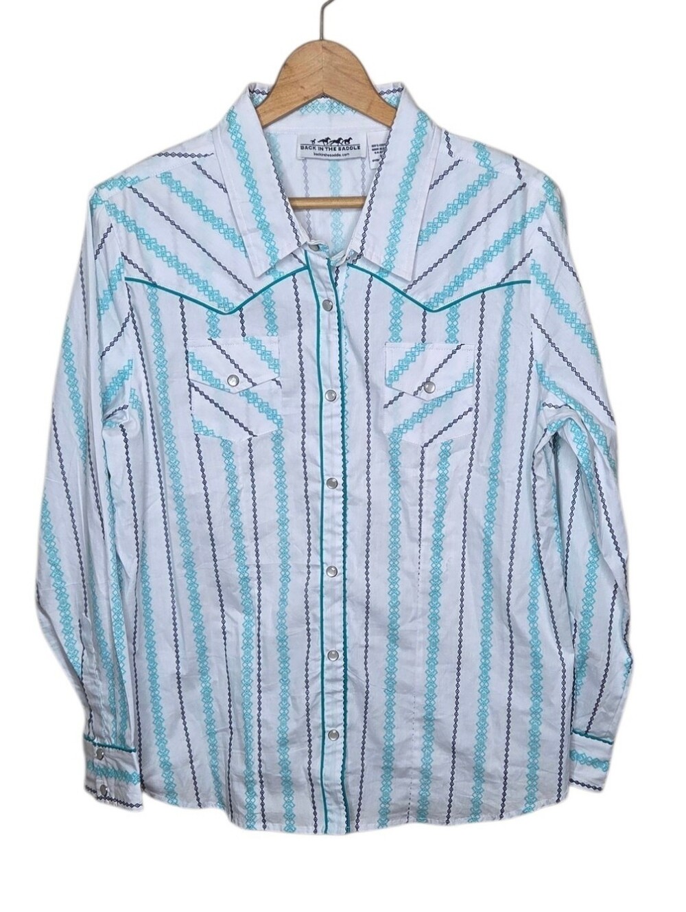 Back In The Saddle Turquoise White Black Striped Western Snap Shirt Size Large